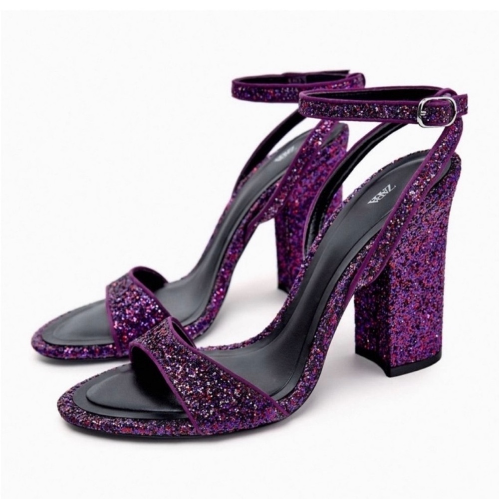 Zara Purple Glitter Block Heel Sandals w/ Ankle Strap Size 7.5
